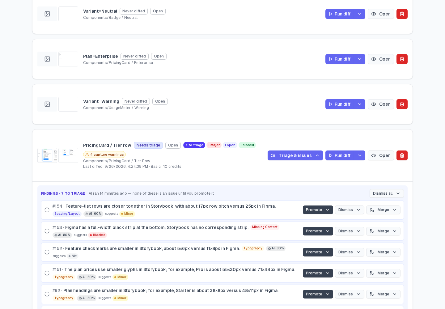 Design Sync links list where the PricingCard / Tier row link shows a 4 capture warnings badge next to its triage counts