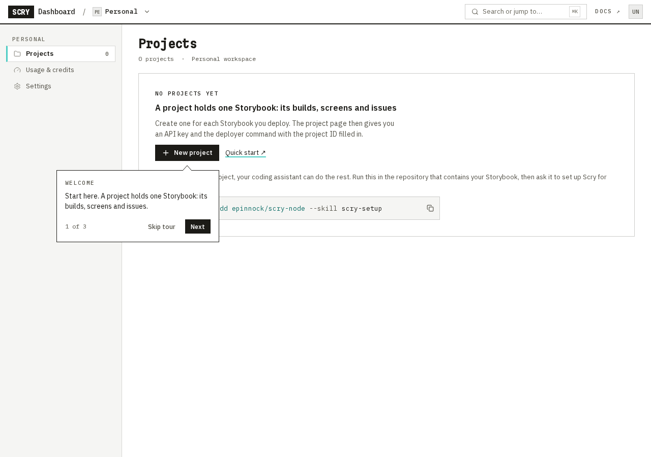 The Welcome tour pointing at New project on the Projects page