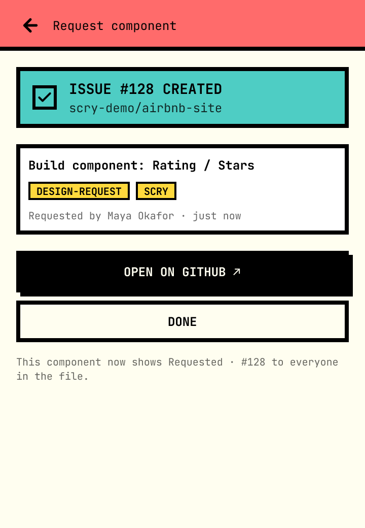 Issue #128 created banner with title, labels, Open on GitHub and Done