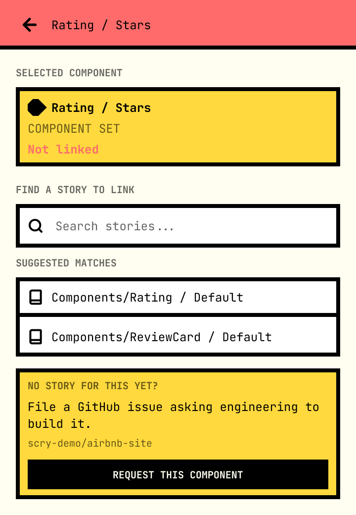 Scry Link node screen for Rating / Stars, not linked, with a No story for this yet? card and a Request this component button
