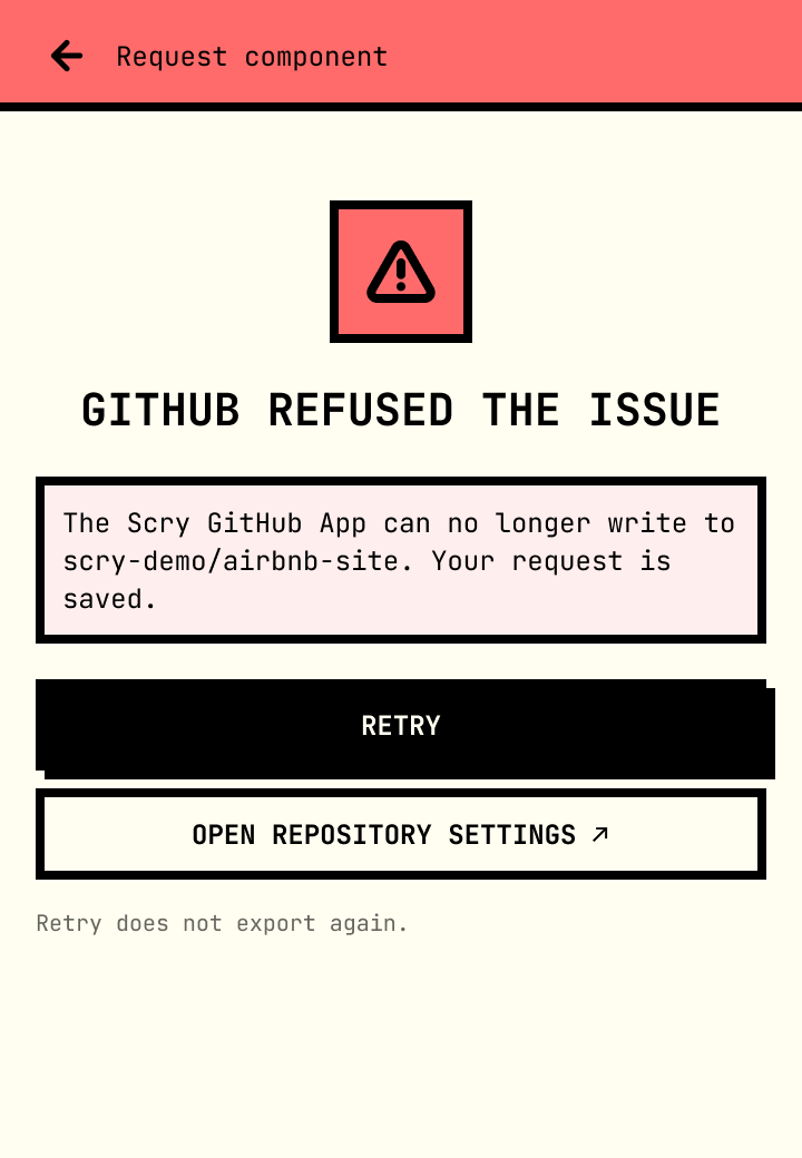 GitHub refused the issue screen with an error, Retry and Open repository settings