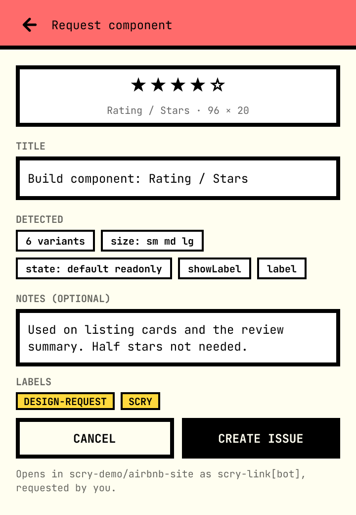 Request component form with preview, title, detected variant chips, notes, labels, Cancel and Create issue