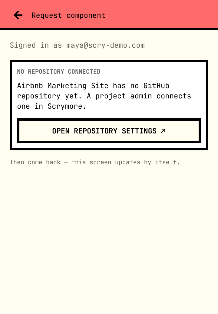 No repository connected card with Open repository settings button