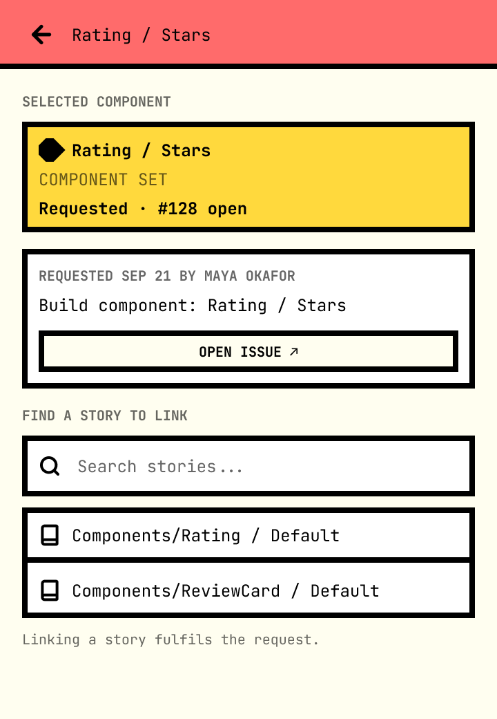 Node screen showing Requested · #128 open and a Requested by card with Open issue