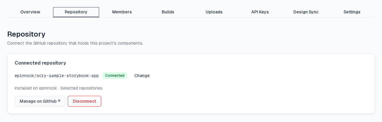 Repository tab showing epinnock/scry-sample-storybook-app with a Connected badge, Manage on GitHub and Disconnect buttons