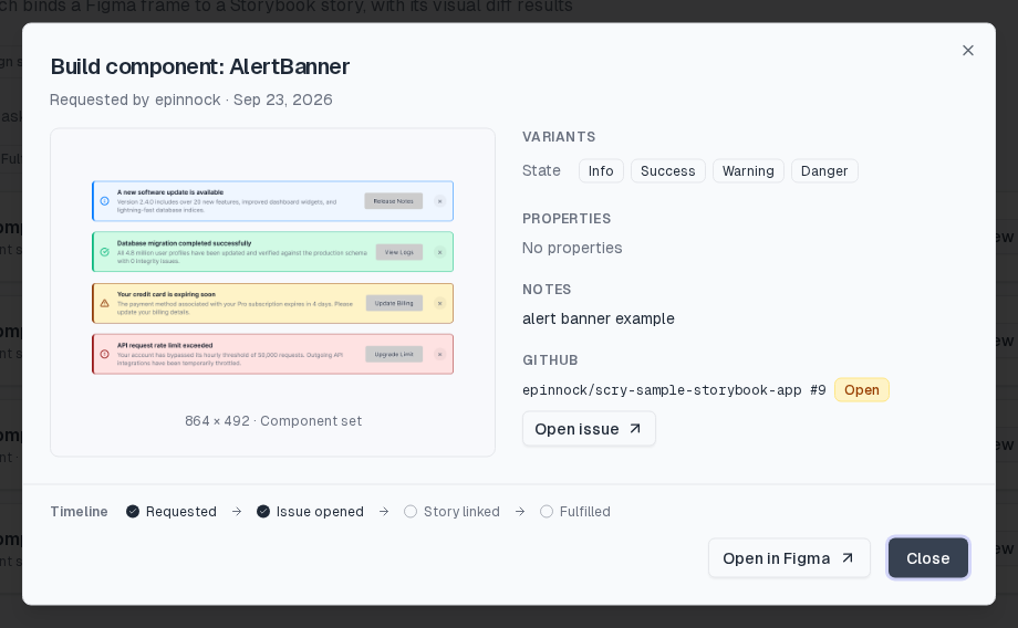Request detail dialog for Build component: AlertBanner with preview, State variants Info Success Warning Danger, notes, GitHub issue #9 Open and a timeline