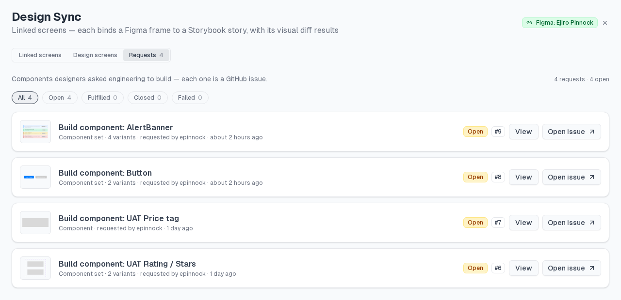 Design Sync Requests view listing four open requests with issue numbers, View and Open issue buttons