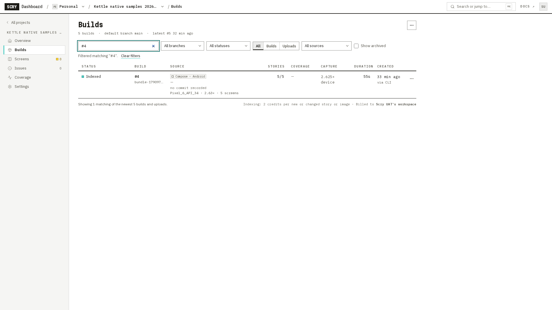 Builds tab with a Compose · Android build, its device line and 5 screens