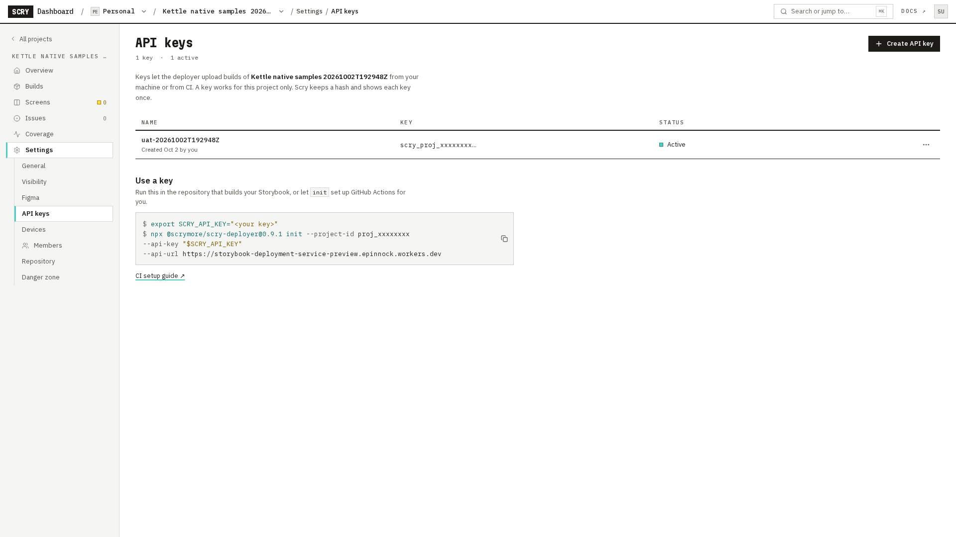 Project Settings, API keys tab, with the Create API key button