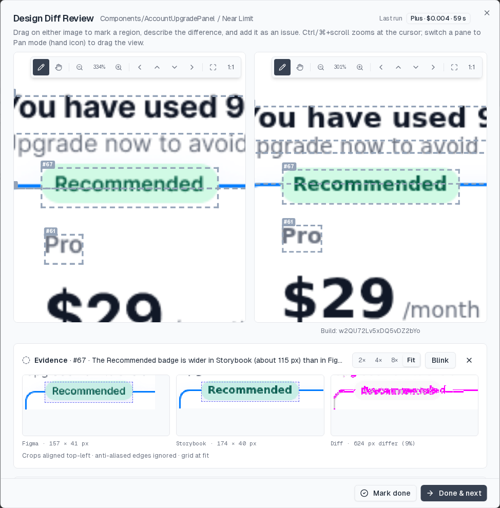 Diff editor with a candidate selected: a dashed box on both panes, and below them the Evidence strip with Figma, Storybook and Diff tiles, magnification 2× 4× 8× Fit, and Blink